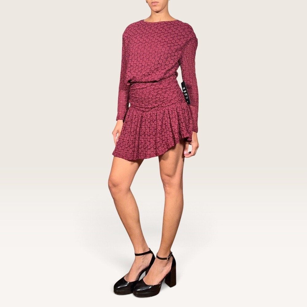 Lulus Zallie Wine Red Textured Drop Waist Mini Dress XS NWT Floral Lace Holidays - Picture 4 of 9
